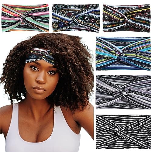 Achiou Boho Headbands for Women, Twist Knotted Head Bands for Women's Curly Hair Non Slip, Wide Turban Cloth Hairbands, Elastic Hair Accessories for Girls Yoga 6 Pack Two Size - Image 1