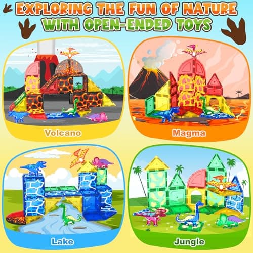 Coodoo Dinosaur Toys Magnetic Tiles Lava Dinosaur World Set - Magnetic Blocks Building for Kids 3-5 5-7 Girls Boys Toy Age 4-6 6-8, Classroom Must Haves Toddler Sensory for 3+ Year Old Kids Toys - Thumbnail 6