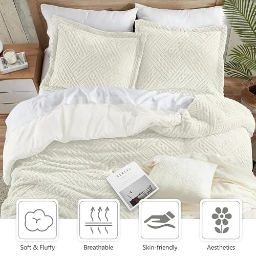 Homelike Moment Fluffy King Size Comforter Set - Cream White Fleece Warm Marshmallow Comforter for Winter, Luxury Fuzzy Sherpa King Bed Set 3 Piece - Thumbnail 5