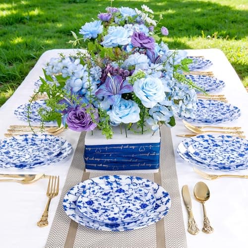 Joyido 60 PCS Blue Plastic Plates - Blue Floral Plates - Disposable Decorative Plate Sets Include 30 Dinner & 30 Dessert Plate for Wedding Birthday Party Spring Supplies - Thumbnail 5