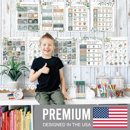 Hadley Designs Phonics Posters For Classroom - 9 Sound Wall Classroom Phonics For Kindergarten & Elementary, Syllable Types, Long and Short Vowel Sounds, Digraphs & Blends, Greenery Bulletin Board Set - Thumbnail 2