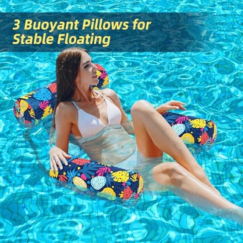 Sunikko X Pool Floats Adult 2 Packs Fabric Heavy Duty Inflatable Pool Chair Hammock, Blow Up Floaties for Adults, Hawaii Flower Floats for Pool Floating, Party Summer Toys Water Beach Lake Fun - Thumbnail 3