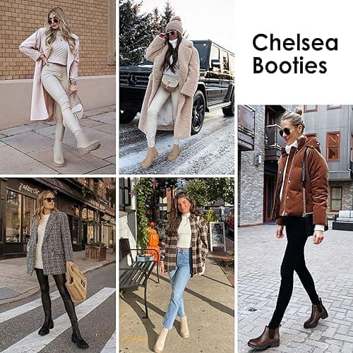 Athlefit Women's Chelsea Boots Fashion Lug Sole Chunky Heel Slip on Elastic Ankle Booties Brown Suede Size 10 - Thumbnail 6