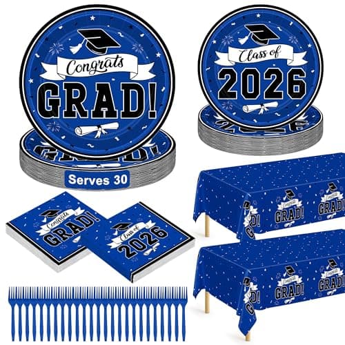 122 Pcs Graduation Decorations 2026 Set Serves 30, Graduation Plates and Napkins, Disposable Class of 2026 Grad Decorations, Blue Congrats Grad Paper Dinnerware Table Decor for Party - Image 1