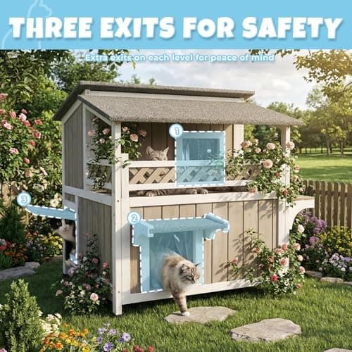 Pawbuilt Outdoor & Indoor Wooden Cat House, Weatherproof Two-Story Cat Shelter, Enclosed Multi-Level Cat Home for Cats - Thumbnail 3