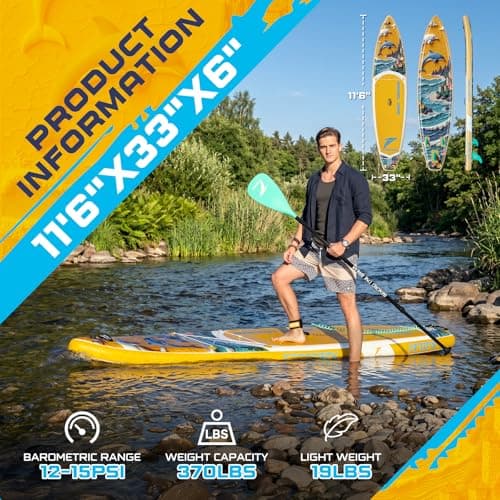 TIDETREK 11'/11'6" x 33"/34" x 6" Inflatable SUP Paddle Board – Extra-Wide, Stable Stand Up Paddle Board with Premium Full Accessory Set for Adults & Youth (Sunny Wave/Kayak Seat, 11'6"x33"x6") - Thumbnail 2