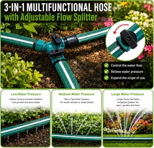 MIXC Reinforced Sprinkler Hose with Holes, 100FT (25FT×4 Pack) No-Kink Heavy Duty Flat Sprinkler Soaker Hose with Stakes & Splitters, Drip Irrigation Garden Hose for Lawn, Yard, Vegetable & Flower Bed - Thumbnail 4