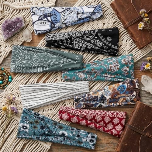 Tobeffect Headbands for Women Boho Bandana Headband: Wide Head Bands for Women's Hair Non Slip for Summer Beach, Fashion Thick Hairband 8 Pack - Thumbnail 5