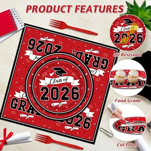 QZYL 122 Pcs Graduation Decorations 2026 Set, Disposable Class of 2026 Graduation Dinnerware, Red Grad Plates and Napkins Forks Tablecloth Congrats Grad Paper Dinnerware Serve 30 Party Decorations - Thumbnail 3