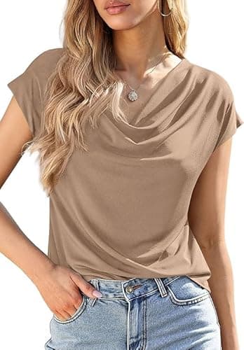 BTFBM Cowl Neck Tops for Women 2026 Summer Womens Tops Dressy Casual Business Blouses Short Sleeve Shirts Spring Outfits(Khaki, XX-Large) - Image 1