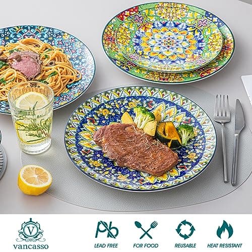 vancasso Dinner Plates Set of 6-10.5 Inch Ceramic Plates, Microwave, Oven and Dishwasher Safe, Colorful Bohemian Style Dishes for Kitchen - Thumbnail 3