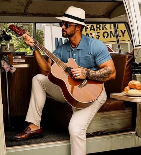 GRACE KARIN Men's Knit Polo Shirt Casual Lapel Collar Button Up Business Golf Polo Tee Shirts for Dinner Grey Blue XXL - Thumbnail 4