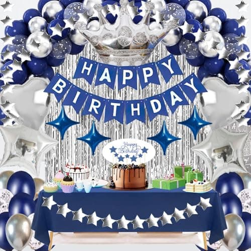 Navy Blue Birthday Party Decorations Set – Blue Theme Supplies with Banner, Star Garland, Crown, Heart & Star Foil Balloons, Fringe Curtain, Cake Topper, Tablecloth, Confetti Balloons for Men & Women - Image 1
