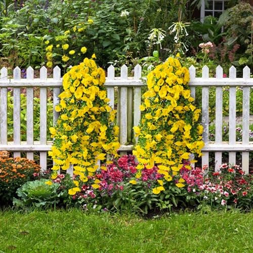 Fanfantoey Artificial Hanging Flowers for Outdoors, 2Pcs UV Resistant Fake Flowers, Realistic Faux Petunias Silk Long Vines Morning Glory Eucalyptus for Outside Planter Porch Patio Decor, Yellow - Thumbnail 3