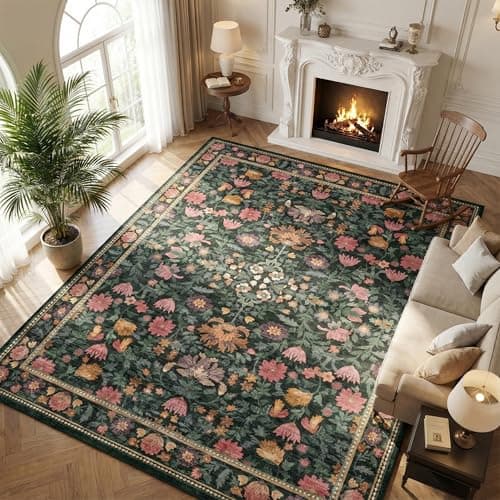 Cnythlis 8'x10' Large Area Rug for Living Room, Washable Non-Slip Silicone Backing Vintage Botanical Carpet, 0.26" Low Pile Faux Wool Soft Boho Rug, Water Stain Resistant, Dark Green - Image 1