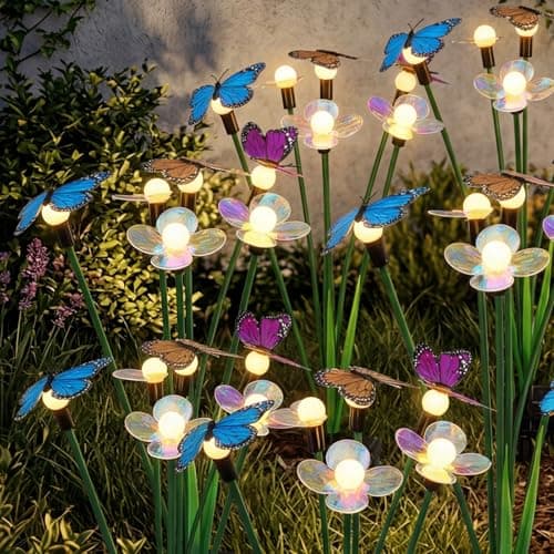 Hoikwo Solar Garden Lights 4 Pack, Swaying Butterfly Flower Stakes Outdoor, Lifelike Butterflies and Flowers with 6 LED Warm Lights, Solar Lights Decor for Yard, Patio, Garden, Pathway - Image 1