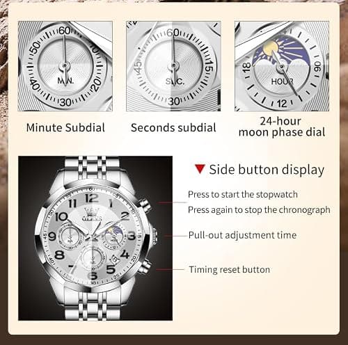 OLEVS Watch Men Silver Watch for Men Luxury Stainless Steel Big Face Dress Analog Quartz Simple Easy Read Mens Watches Moon Phase Chronograph Waterproof Luminous Men's Wrist Watches - Thumbnail 6