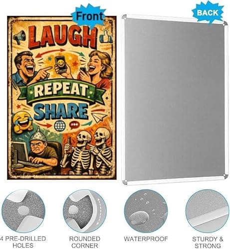 Laugh Repeat Share Metal Sign - 8x12 Inch Vintage Tin Plaque Featuring Emoji, Social Media, and Skeleton Art, Perfect for Fun & Quirky Home or Office Decor, Pre-Drilled for Easy Hanging" - Thumbnail 6