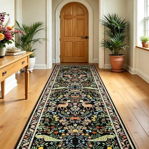 2x6 Black Bathroom Rugs - Washable Floral Runners for Kitchen Floor, Hallway, Low Pile & Soft Non Slip Bedroom Carpet with Rubber Backing, Dark Botanical & Animal Decor - Thumbnail 5