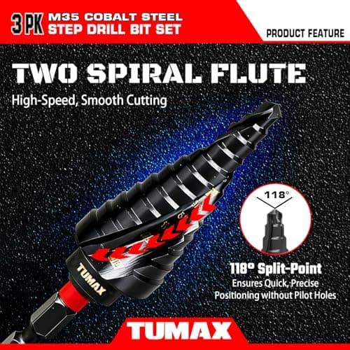 TUMAX 3 PCS M35 Cobalt Step Drill Bit Set with TiAlN Coating, 1/4" Hex Shank Impact Ready, 1/8" to 7/8" HSS-Co Multi-Hole Unibit with Dual-Spiral Flute for Stainless Steel, Metal, HVAC, Electrical - Thumbnail 3