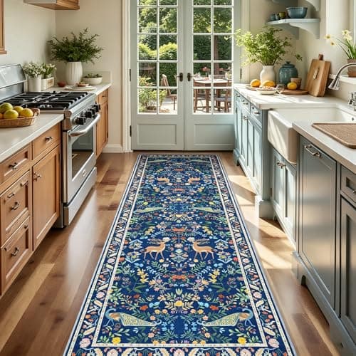 2x6 Blue Entryway Runner Rugs Washable Non Slip Runners for Hallway, Kitchen, Mudroom, Laundry Room, Stain Resistant Ultra Soft Non Skid, Nature Floral Design Indoor Decor