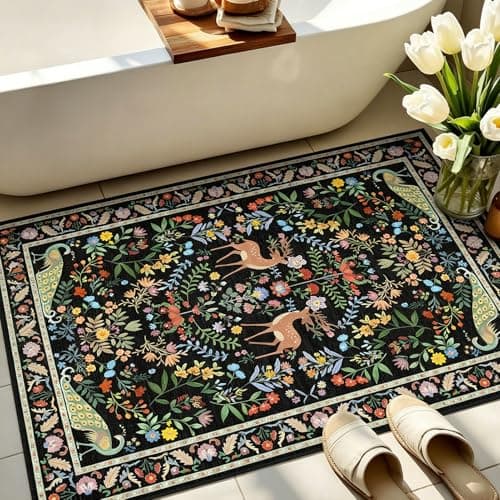 Small Vibrant Black Entryway Rug 2x3 - Front Door Rug Indoor Entrance, Small Carpet for Kitchen Floor, Bathroom, Powder Room, Washable Low Pile Non Slip, Floral Print Home Décor - Thumbnail 2