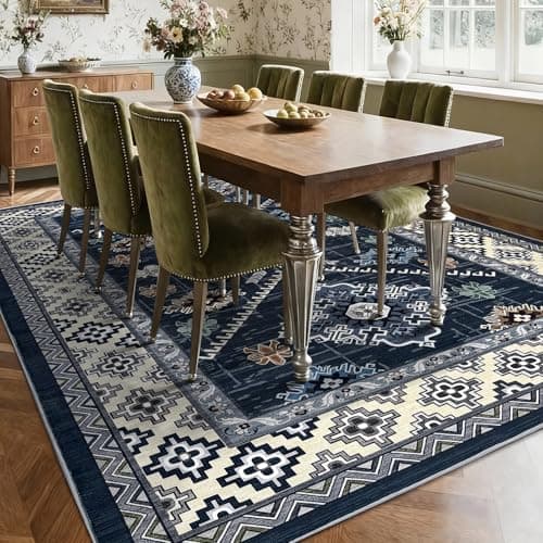 Boho Washable Area Rug 5x7, Large Soft Rugs for Living Room Farmhouse Vintage Blue Carpet 5x7 Area Rugs for Bedroom Dining Room Non-Slip Stain Resistant Under Table Rug - Thumbnail 3