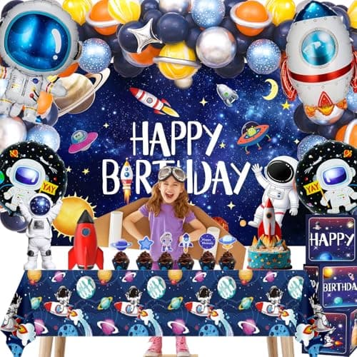Outer Space Birthday Party Decorations – Space Theme Set with Backdrop, Tablecloth, Rocket & Astronaut Foil Balloons, Star Balloons, Cake Topper & Latex Balloons for Space Themed Party, Room Decor - Thumbnail 3