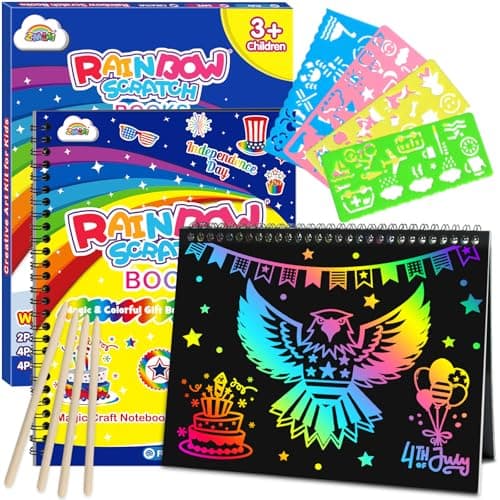 ZMLM Scratch Paper Art-Crafts Gift: 2 Pack Rainbow Notebooks Supplies Independence Day Toys for 3 4 5 6 7 8 9 10 Years Old Girls and Boys Kids Birthday Party Travel Games July 4