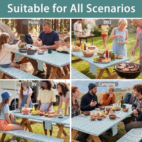 Jobunai Fitted 6Ft Picnic Table Cover with Chair Covers Elastic Polyester Stain Resistant Reusable Camping Table Cloth Patio Glamping Equipment Hiking Rv Outdoor Necessities Gifts for Grandma Grandpa - Thumbnail 6