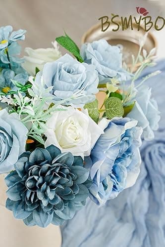 BSMYBO Dusty Blue Artificial Flowers Combo, Baby Blue Wedding Flowers Fake Floral Bulk Bouquets, Light Blue Flowers, Silk Rose Flowers for Wedding Bridal Shower Table Centerpieces & Home Party Decor - Thumbnail 2