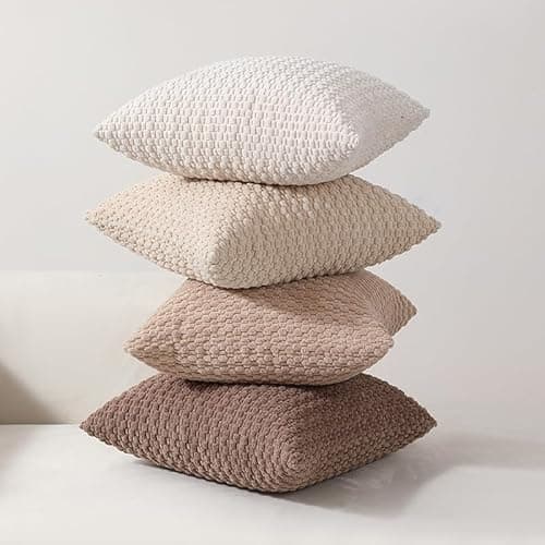 DCSKY Throw Pillow Covers 18x18，Pack of 2 Corduroy Decorative Throw Pillow Covers, Bohemian Style Home Decor for Sofa,Living Room,Couch Bed Decorative Throw Pillow Cover（Beige） - Thumbnail 4