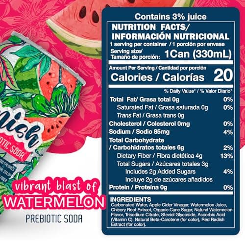 Lunish Prebiotic Soda, Watermelon Sabor Sandía, Gut-Friendly & Refreshing, with Apple Cider Vinegar & 4g Prebiotic Fiber, 20 Cal, 12-Pack - Thumbnail 4