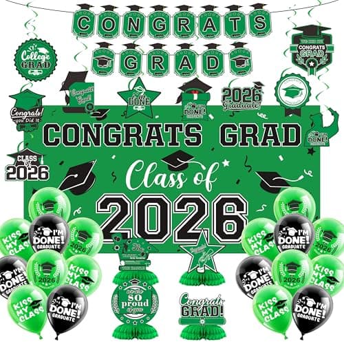 2026 Graduation Decorations Set- Class of 2026 Grad Party Decorations, Congrats Grad Banner, Backdrop, Grad Hanging Swirl, Balloons and Honeycomb Table Toppers, Graduation Party Supplies - Image 1