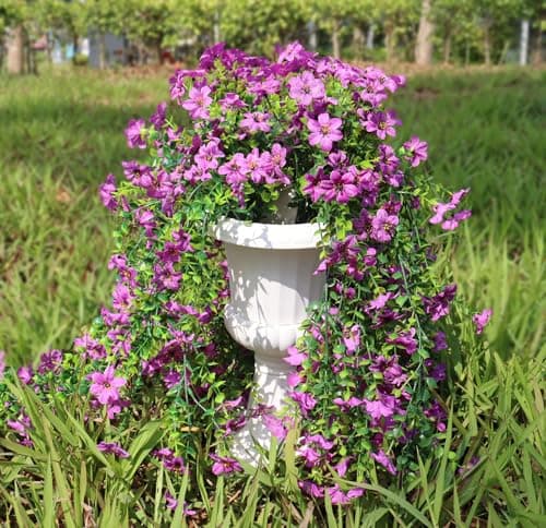 Obmnor Artificial Hanging Flowers for Outdoors, 4 Pack Fake Hanging Plant for Spring Summer Decor, UV Resistant Faux Silk Flower for Planter Porch Patio Balcony Yard Decoration (Light Purple) - Thumbnail 4
