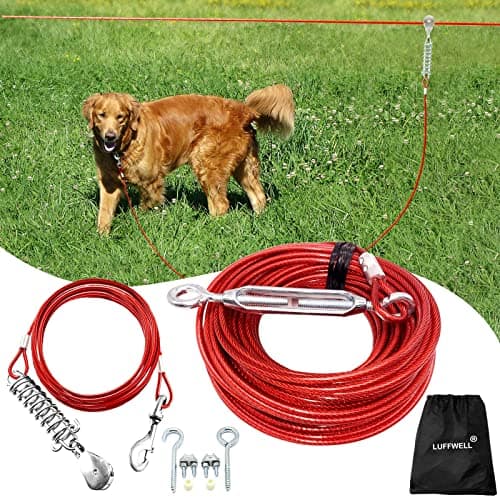LUFFWELL 100FT Dog Runner for Yard with 10FT Tie Out Cable - Heavy Duty Trolley System for Large Dogs Up to 250LBS, Backyard/Park/Camping Use (Red, 100FT+10FT)