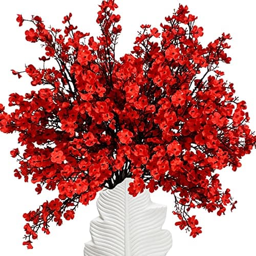 niuniufine 4Bundles Babys Breath Artificial Flowers Fake Silk Real Touch Floral Arrangement for Wedding Bouquet Home Office Farmhouse Wedding Centerpiece Decor White/Red - Thumbnail 3