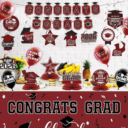 2026 Graduation Decorations Set- Class of 2026 Grad Party Decorations, Congrats Grad Banner, Backdrop, Grad Hanging Swirl, Balloons and Honeycomb Table Toppers, Graduation Party Supplies(Maroon) - Thumbnail 6
