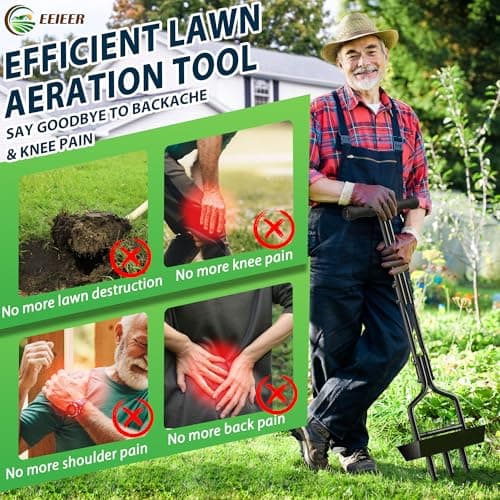 EEIEER Manual Lawn Aerator Tool with Soil Storage Basket - 2025 Upgraded Aerator Lawn Tool, 3 Tines Yard Aerators with Cleaning Tool, 38’’ Ergonomic Aeration Tools for Compacted Soil & Lawn Care - Thumbnail 5