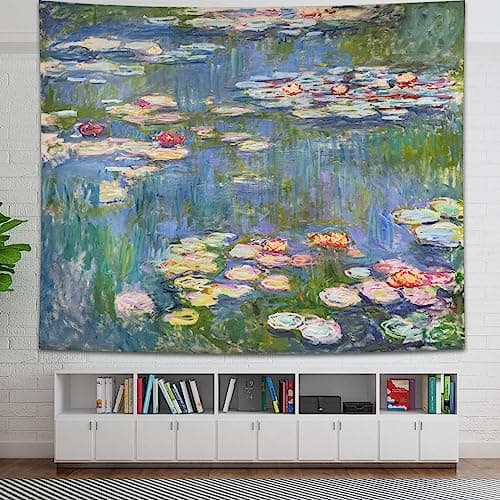 Avinyl Monet Waterlily Wall Tapestry, Green Floral Plant Art Poster for Bedroom Girls Boys, Small Nature Flower Pond Wall Hanging, Watercolor Tapestries for Living Room Dorm Decor 39in X 51in - Thumbnail 5