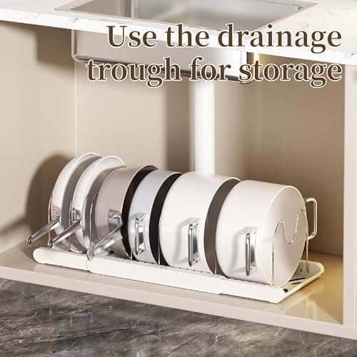 TOMSHUB Expandable Pots and Pans Organizer Under Cabinet, 7 Stainless Steel Dividers, HIPS Base, 13-22 inch Heavy Duty Pan Rack with Lid Holder, Pot Organizer Inside Cabinet for Kitchen Storage - Thumbnail 6