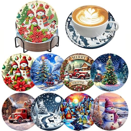 ijbnhd 8 PCS Christmas Diamond Art Coasters Kit, Diamond Painting Coasters with Holder, Non Slip Coaster Art Supplies for Adults, Christmas Gift 4X4inch (Cork Wooden Pad) - Image 1