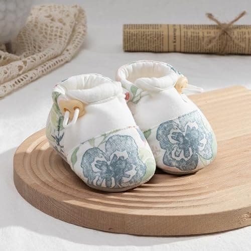 HOVELL Baby Booties Adjustable Toggle Slipper Newborn Stay-on Boots Soft Cozy Cotton Non-Slip Shoes for Infants Girls(SpringFlower,6-12Months) - Thumbnail 2