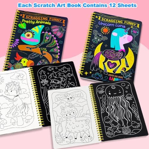 JUNQIU 2 Pack Animal & Unicorn Scratch Art for Kids, Rainbow Scratch Paper Art Notebook, Arts and Crafts for Boys Girls, Birthday Gifts Party Games - Thumbnail 3