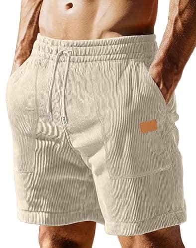 Sailwind Workout Shorts Men Casual Corduroy Drawstring 7 inch Inseam Summer Beach Shorts for Men Light Khaki - Image 1