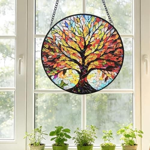 Stained Glass Window Hanging, Tree of Life Sun Catcher, Sun Catchers Indoor Window, Colorful Glass Panel,Suncatcher Room Decor,Gifts for Grandma Mom Wife,Aunt Birthday Gifts for Women 7.8in - Thumbnail 2