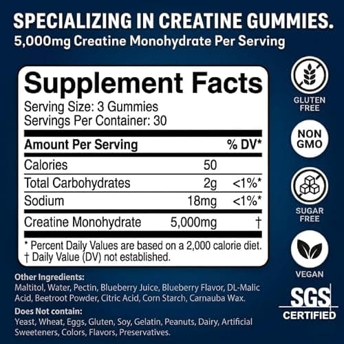 Manewu Creatine Monohydrate Gummies, 5g Creatine Dose, 99.9% Pure Creatine for Men & Women, Lab Verified, Sugar Free & Vegan, Supports Muscle Strength, Recovery & Stamina, Blueberry Flavor, 90 Count - Thumbnail 4