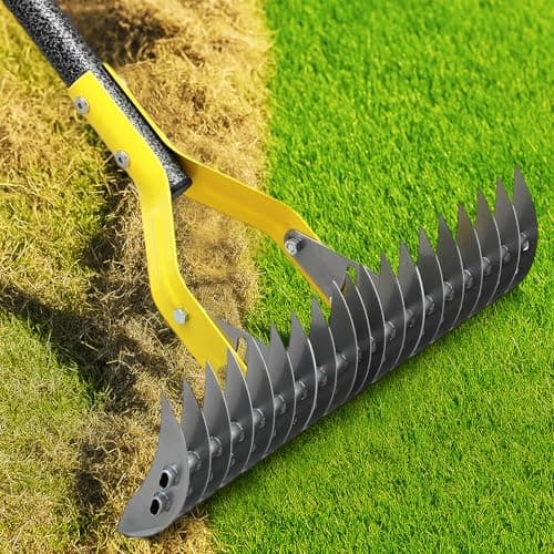 Dual-Action Thatch Rake for Lawn - Efficient 15" Thatching Rake with Sharp Dethatching Blade,Manual Dethatcher & Scarifier Tool for Dead Grass Removal,Soil Loosening,Garden Yard Lawn Care,55" Long