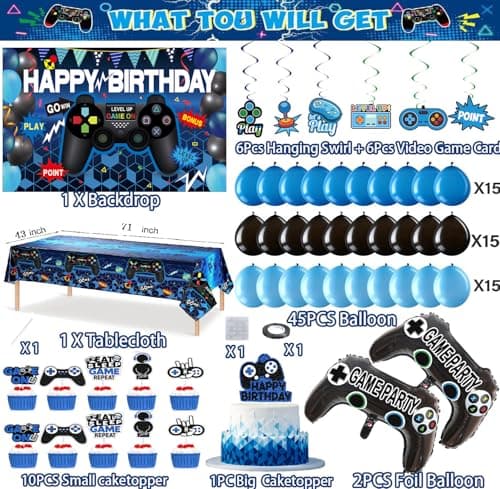 75Pieces Video Game Party Supplies Set: Decorations with Happy Birthday Gaming Backdrop, Hanging Swirls, TableCovers, Cake Topper, Foil Gamer Balloons, Multi-Color Balloons. Perfect for Game ON Party! - Thumbnail 2