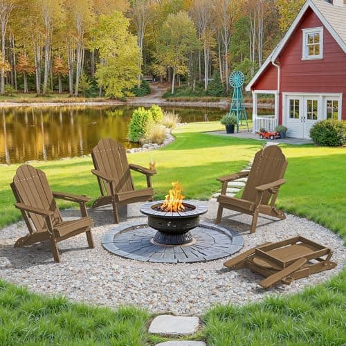LUE BONA Folding Adirondack Chair, Chairs Set of 2, Cup Holder, Woodgrain, Fire Pit, Patio, Pool, Brown